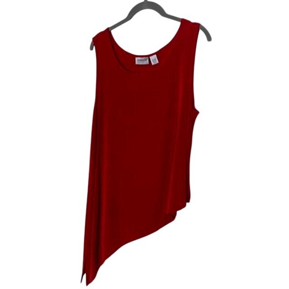 Chico's Asymmetric Hem Top Size 3 Red EUC Flowy Lagenlook Sharkbite Artsy Blouse